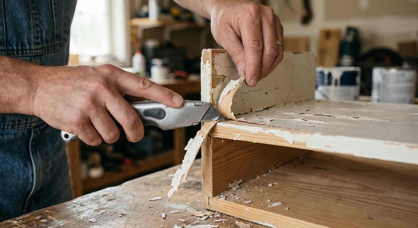 A painted shelf edge with a chipped lip being trimmed back with a utility knife.