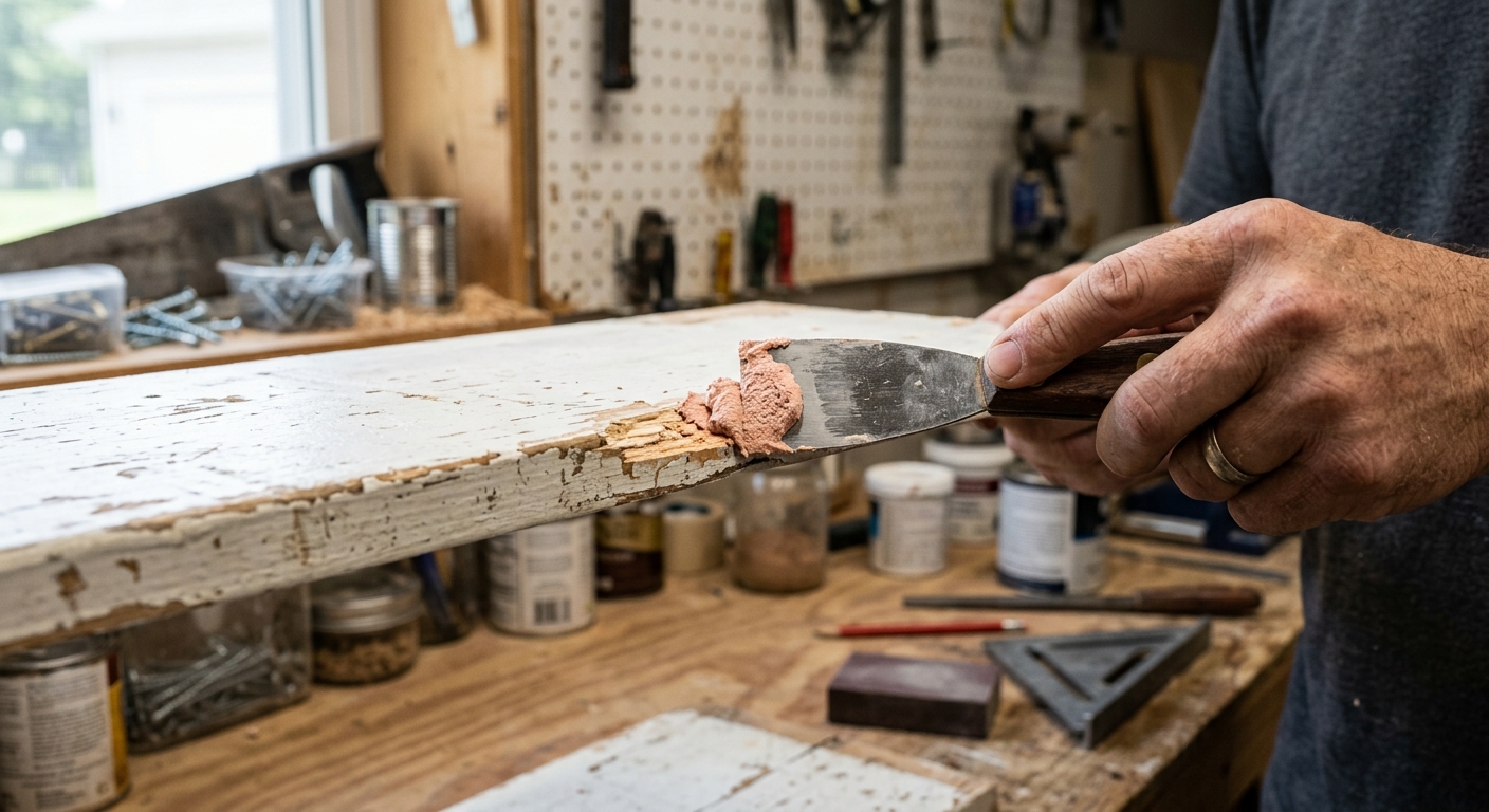 Wood filler being pressed into a chipped painted shelf edge with a putty knife.