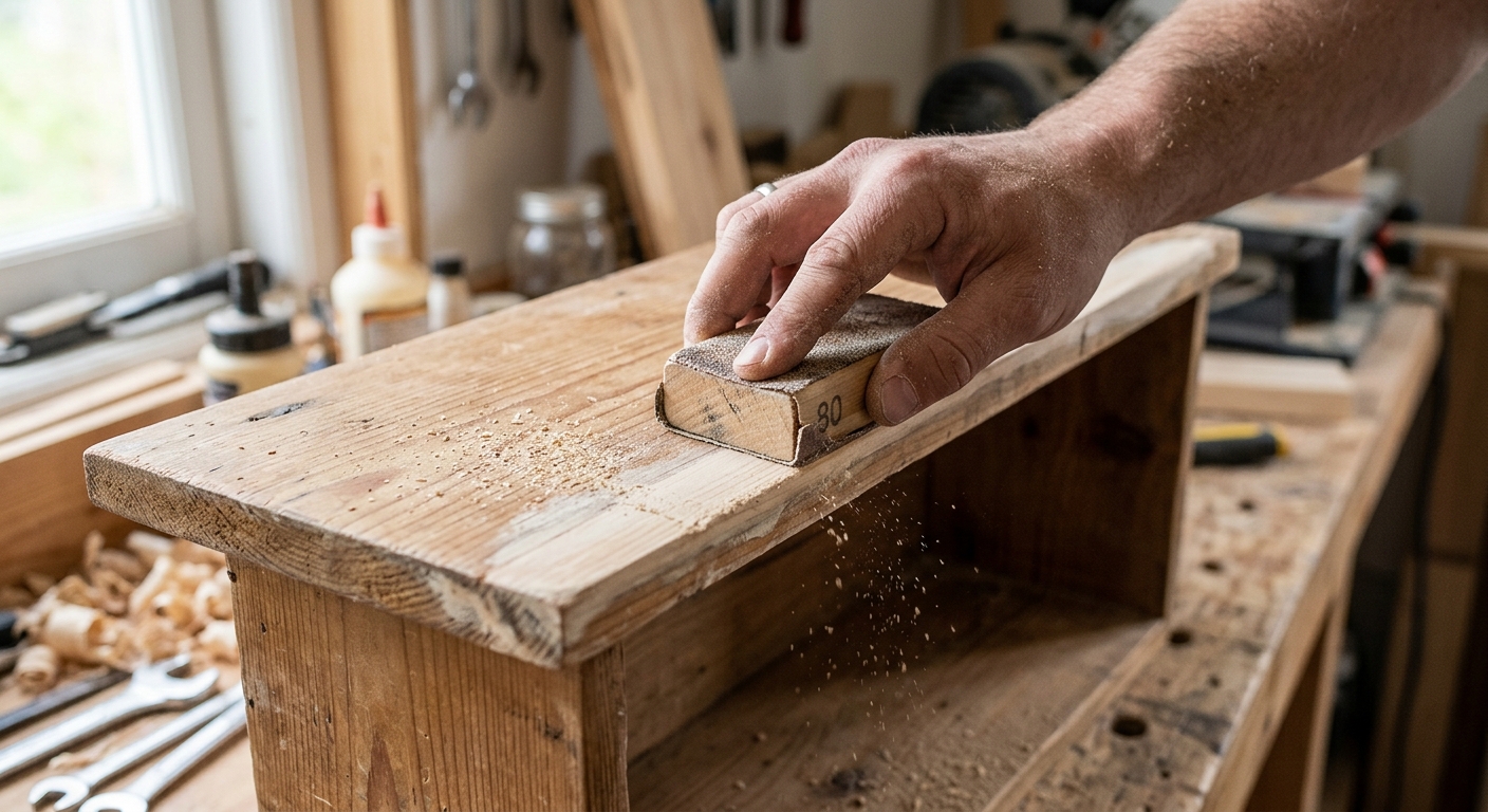 A repaired shelf edge being sanded flush with a small sanding block.