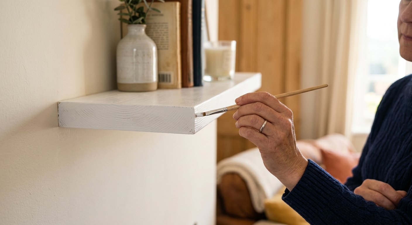 A repaired painted shelf edge receiving primer and touch-up paint with a small brush.