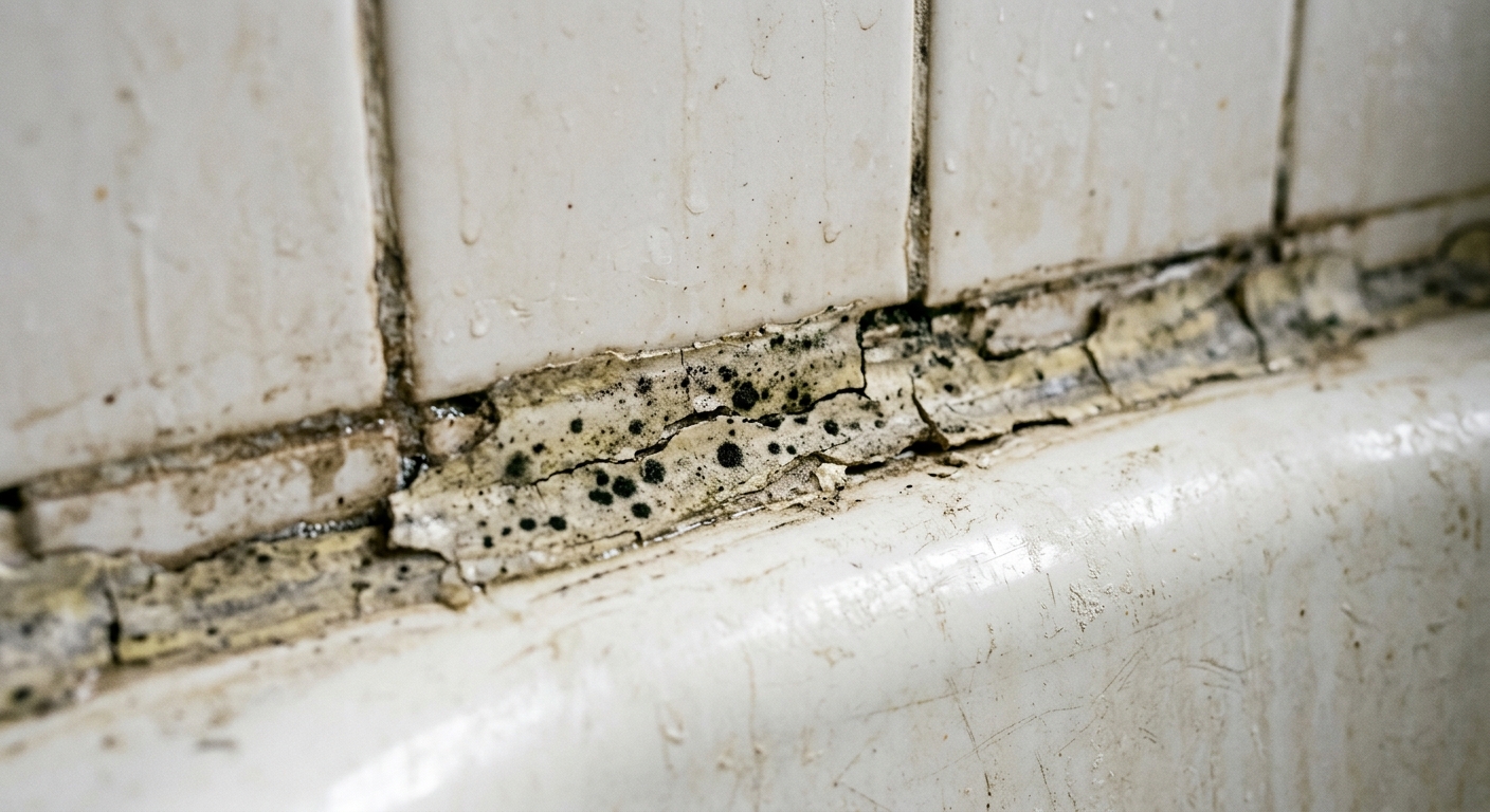 A close-up of a bathtub-to-tile joint with old caulk showing gaps and mildew.
