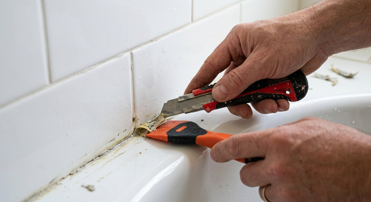 A hand uses a utility knife and caulk remover to lift the old silicone bead from the tub seam.