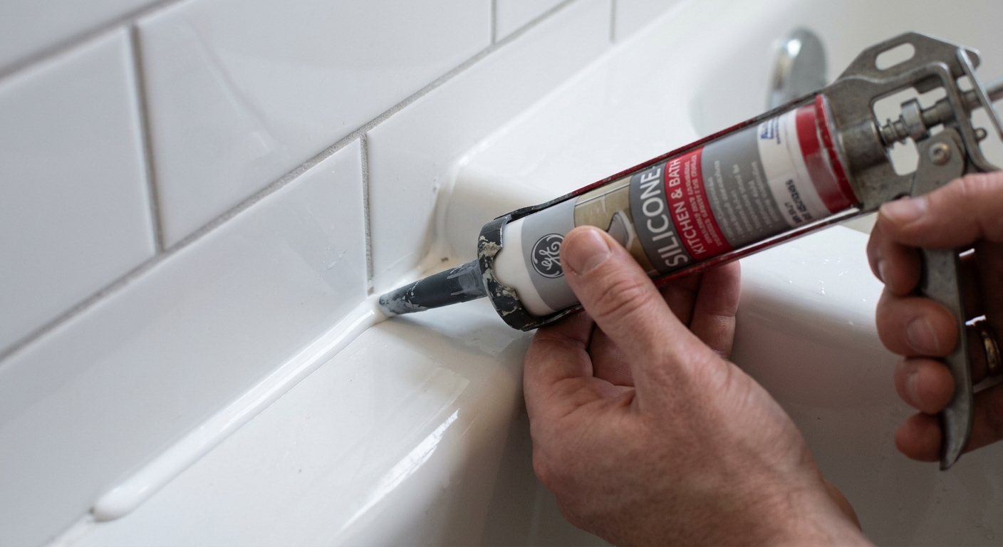 A fresh silicone bead is applied in a smooth continuous line along the tub-to-tile seam.