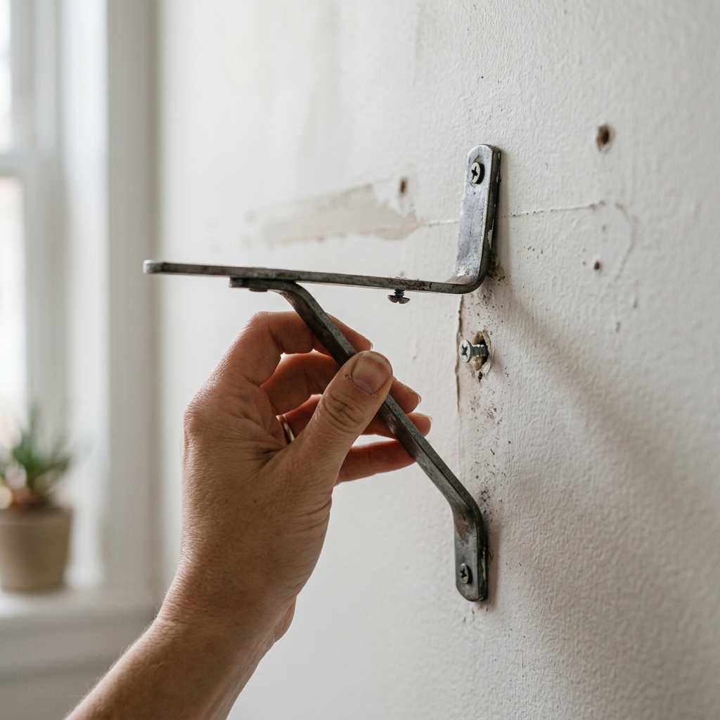 A hand checks a loose shelf bracket against a painted wall.