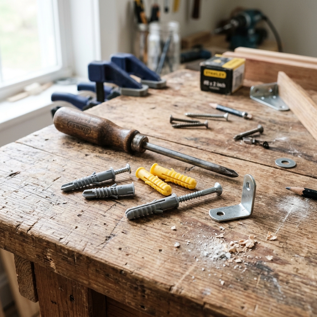 A wall anchor and screw are prepared for a shelf bracket repair.