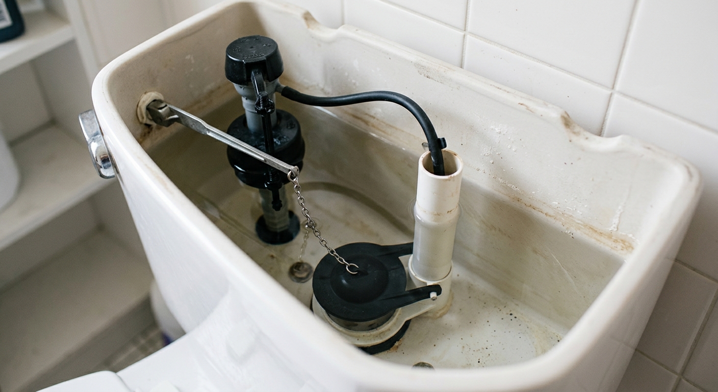 Inside a toilet tank showing the flapper, chain, overflow tube, and fill valve.