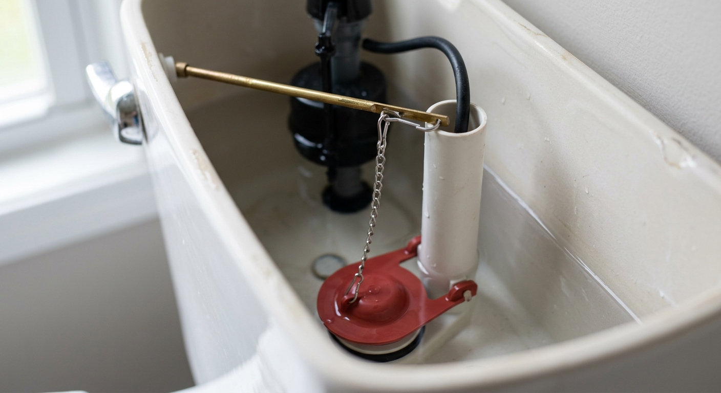 A new flapper is clipped onto the overflow tube and the chain is adjusted with slight slack.