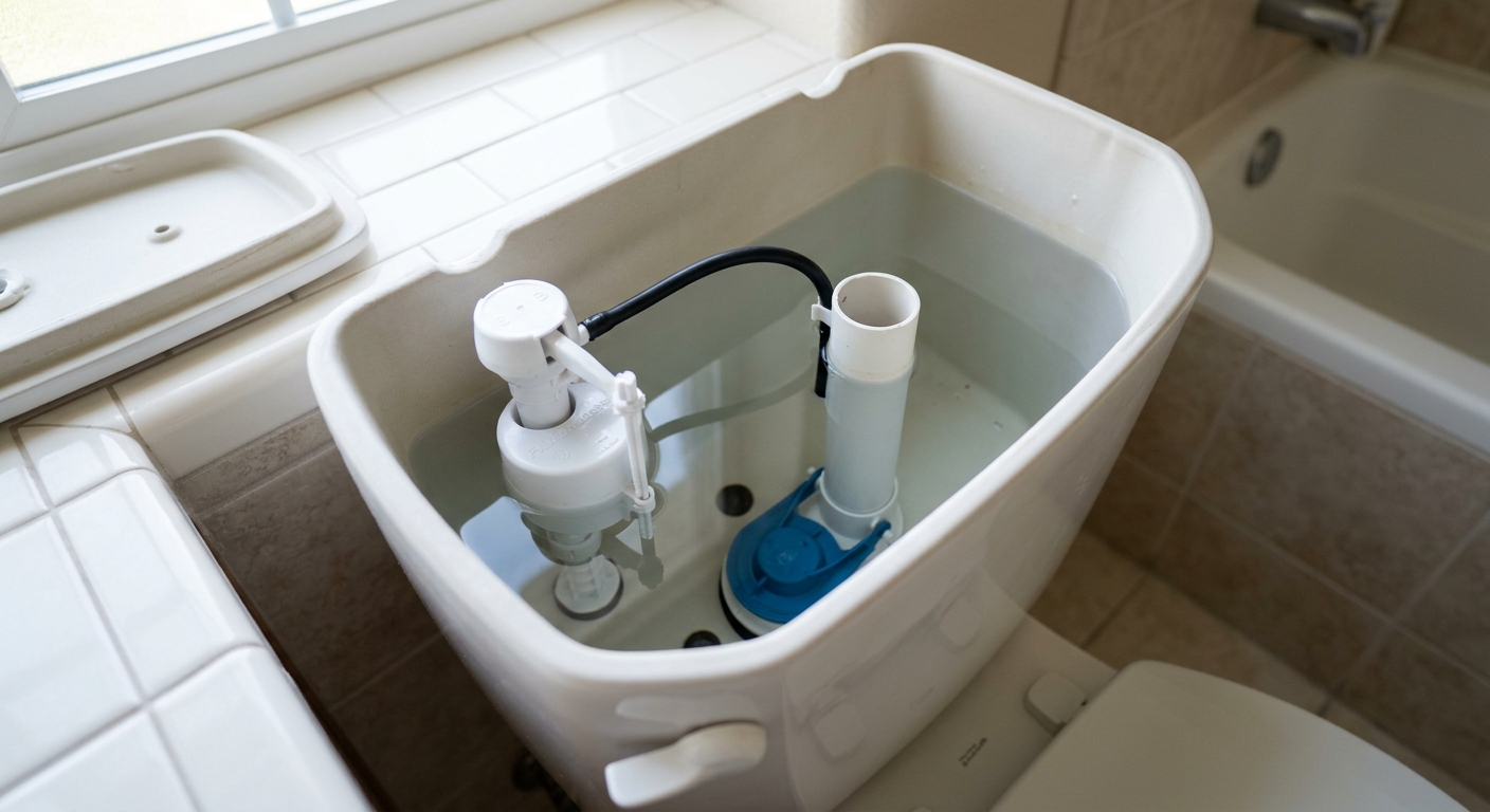 The toilet tank is refilled and checked for a silent final water level below the overflow tube.