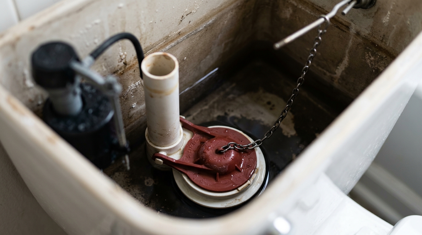 A close-up of a toilet tank with the lid off, showing the flapper and flush valve.