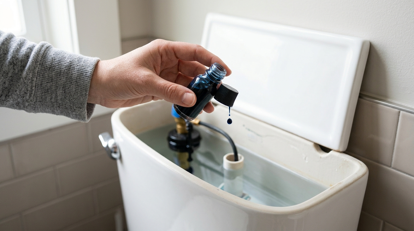 Food coloring in a toilet tank used to test for a silent leak into the bowl.