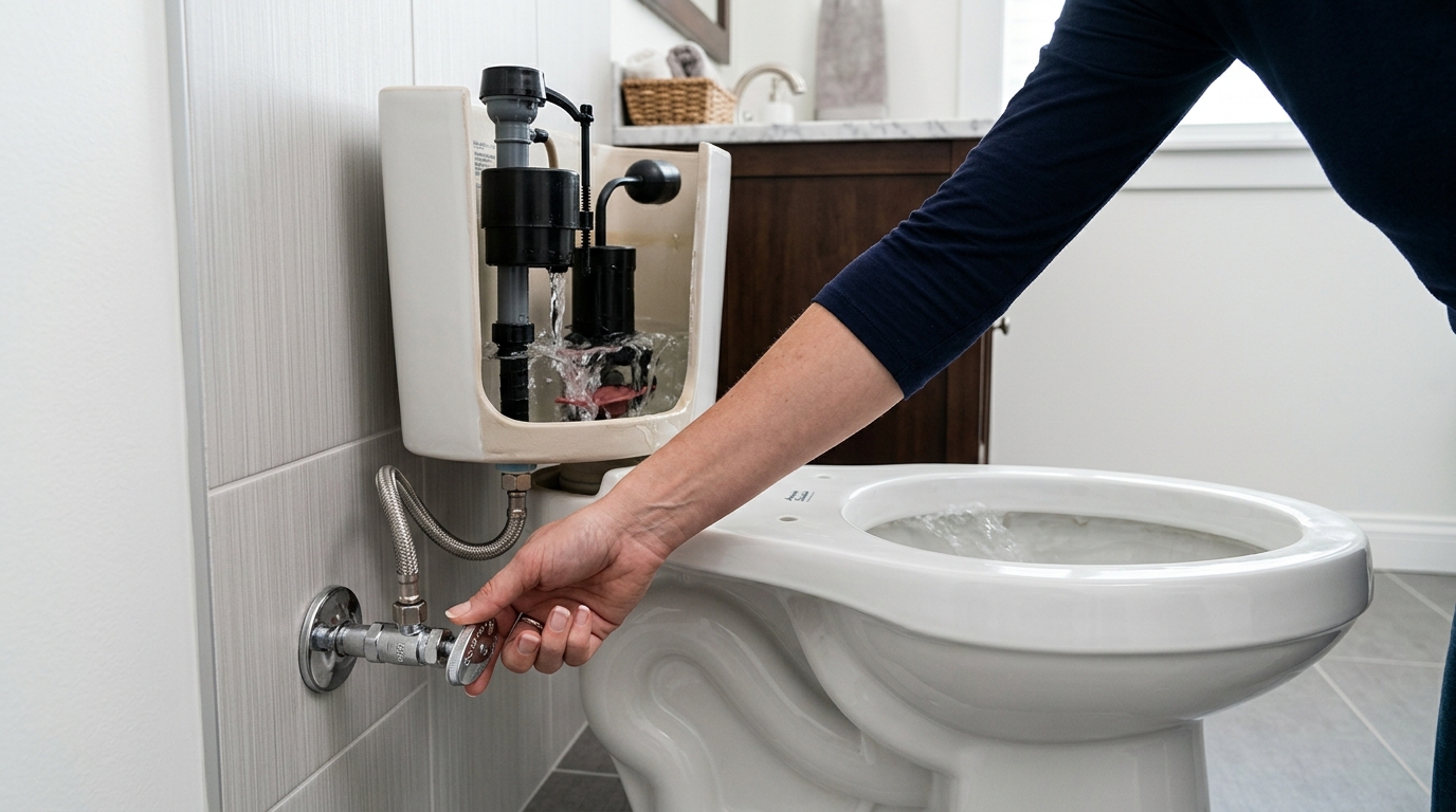A hand turns the toilet shutoff valve while the tank is being drained for repair.