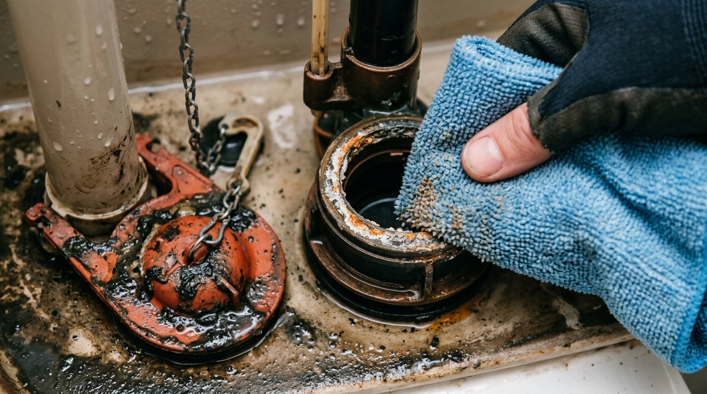 The old flapper is lifted off the overflow tube and the flush valve seat is wiped clean.