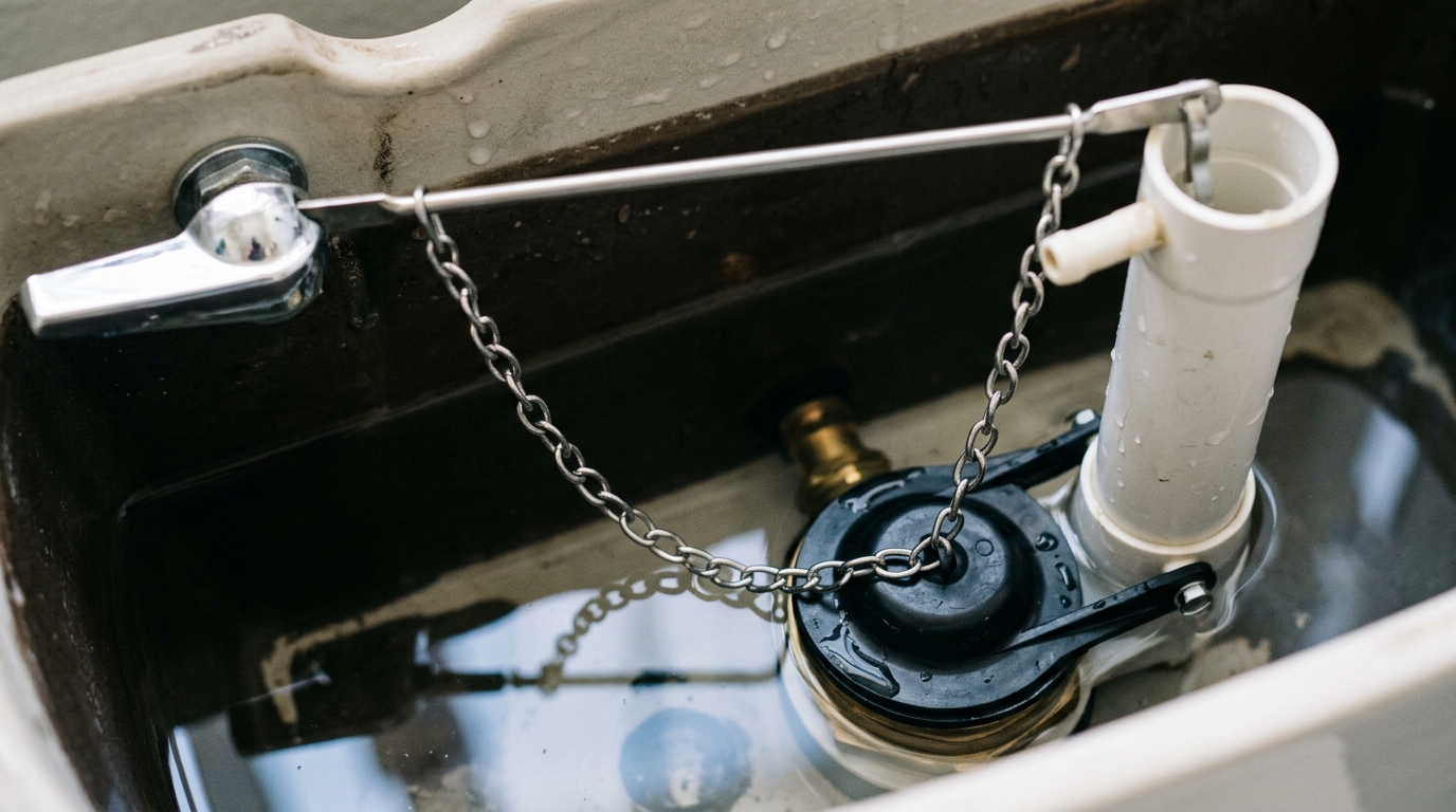 A new replacement flapper is clipped in place with the chain attached to the flush lever.