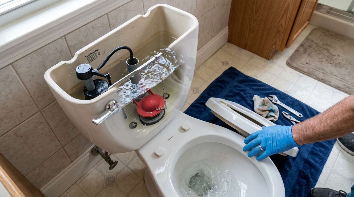 The repaired toilet tank is tested after installing the new flapper and adjusting the chain.