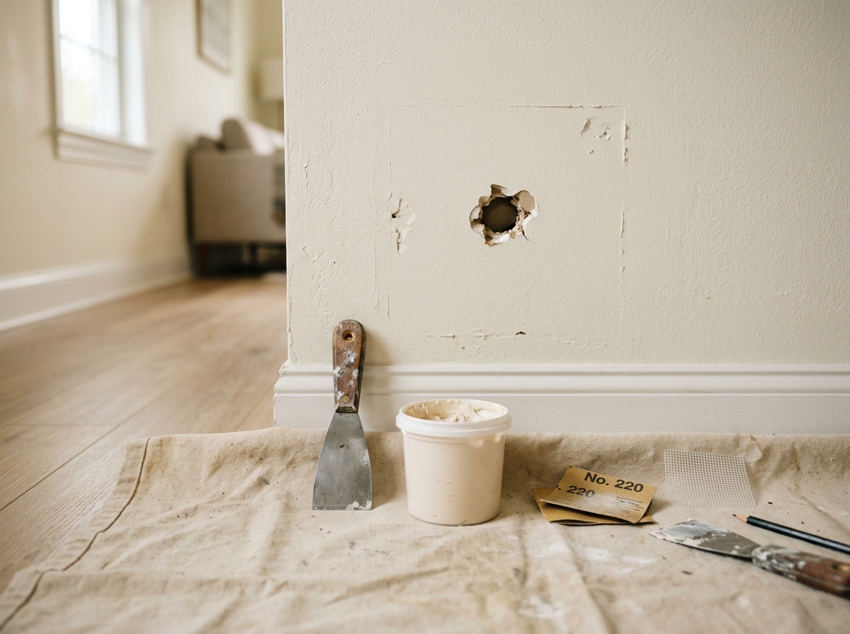 A small drywall hole and the basic tools laid out for repair.