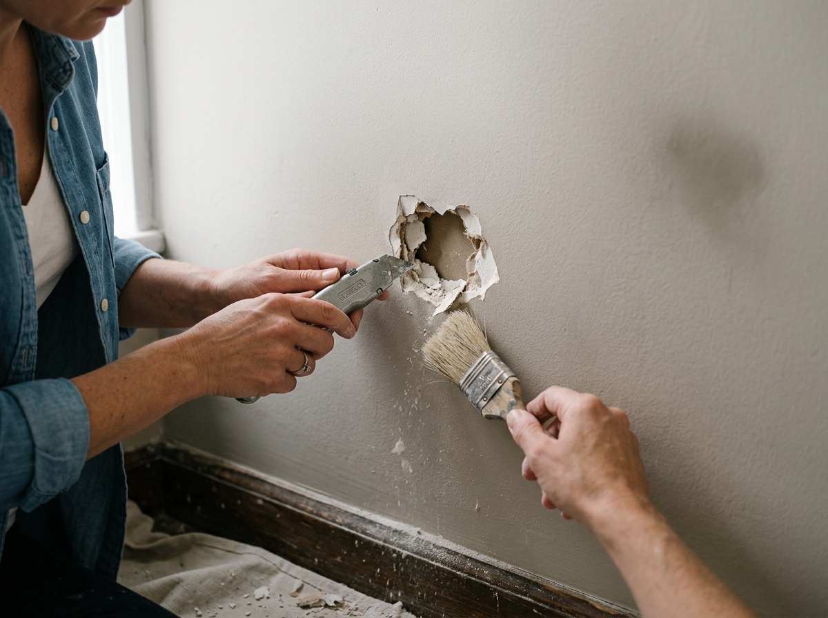 Preparing the damaged drywall edge before applying filler.