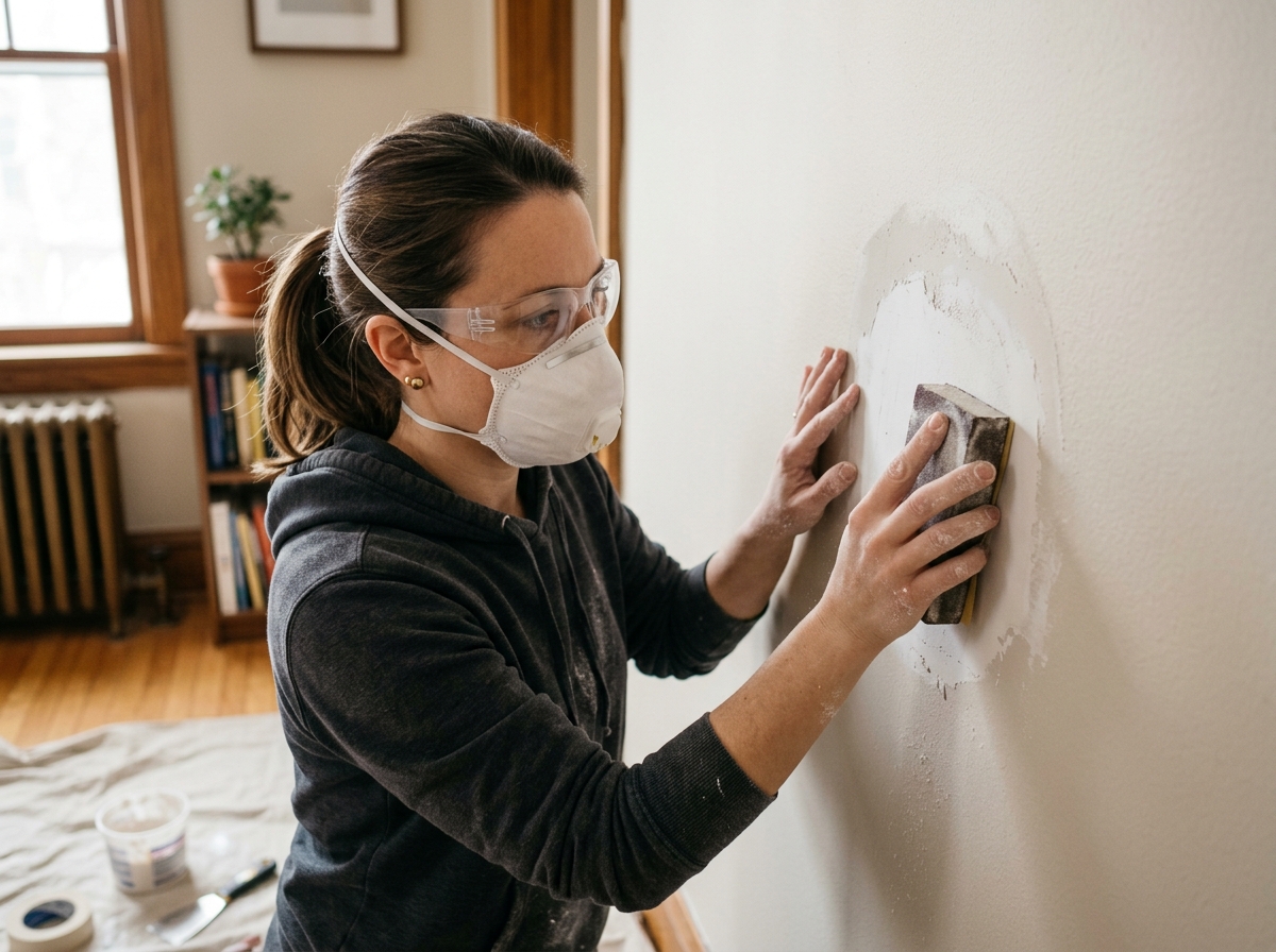 A homeowner sands a repaired drywall patch flush with the wall.