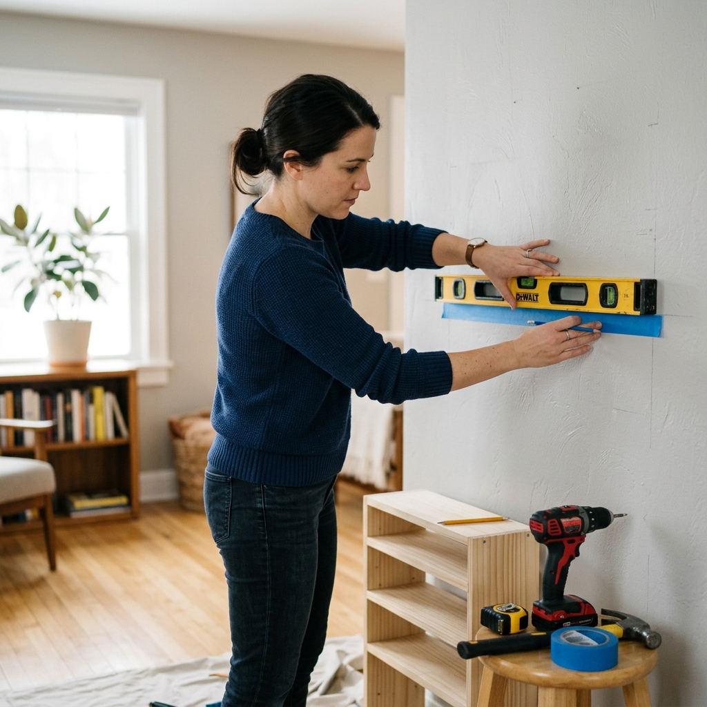 A person marks shelf height on a wall with painter's tape and a level.