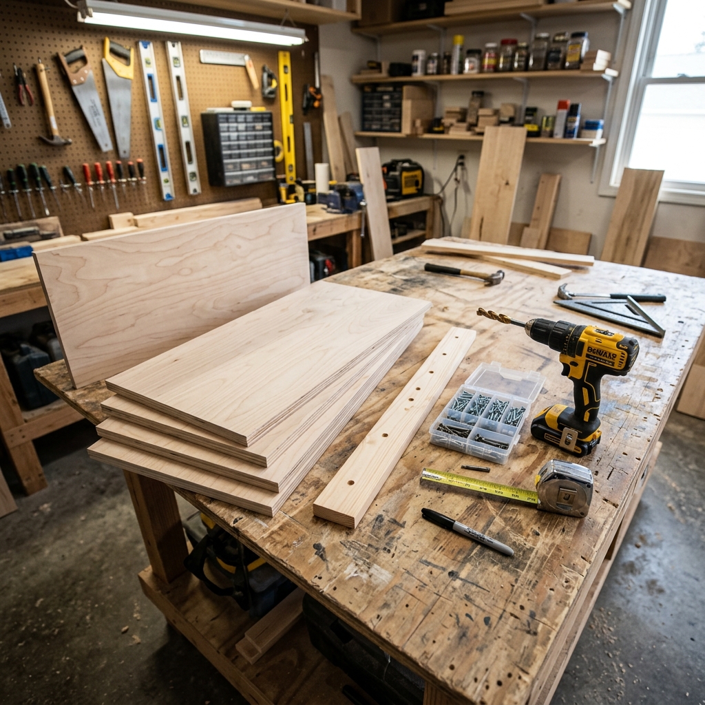 Plywood shelf parts laid out beside a hidden support cleat and drill.