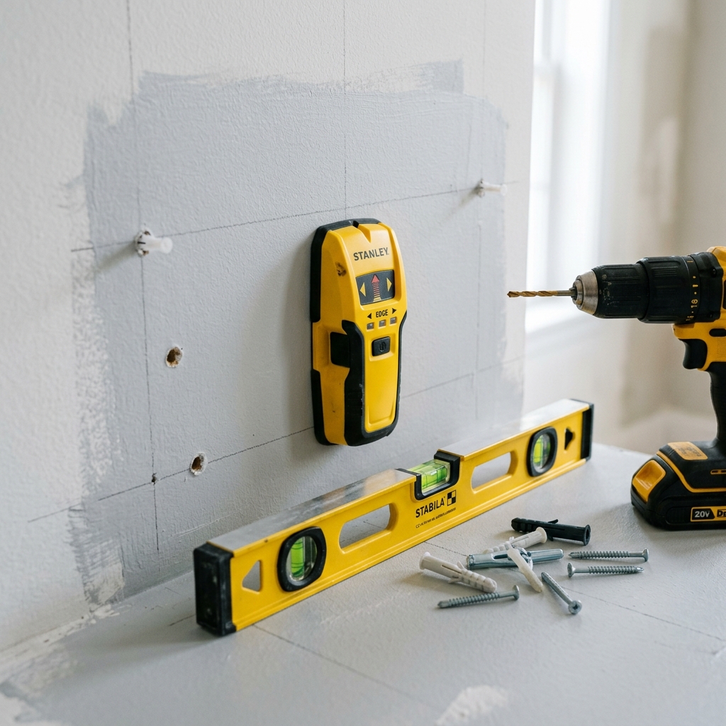 A stud finder and wall anchors staged beside a drill and level.
