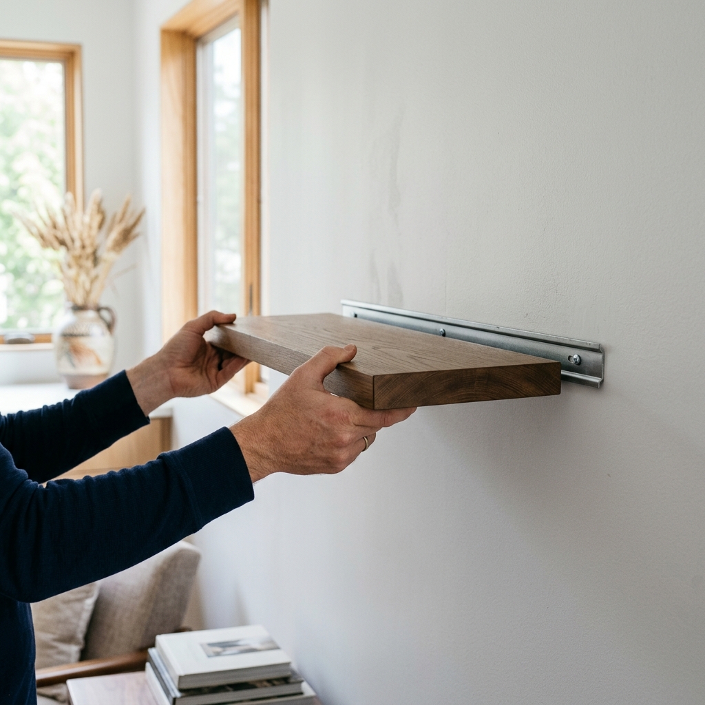 A floating shelf being slid onto a mounted hidden support strip.