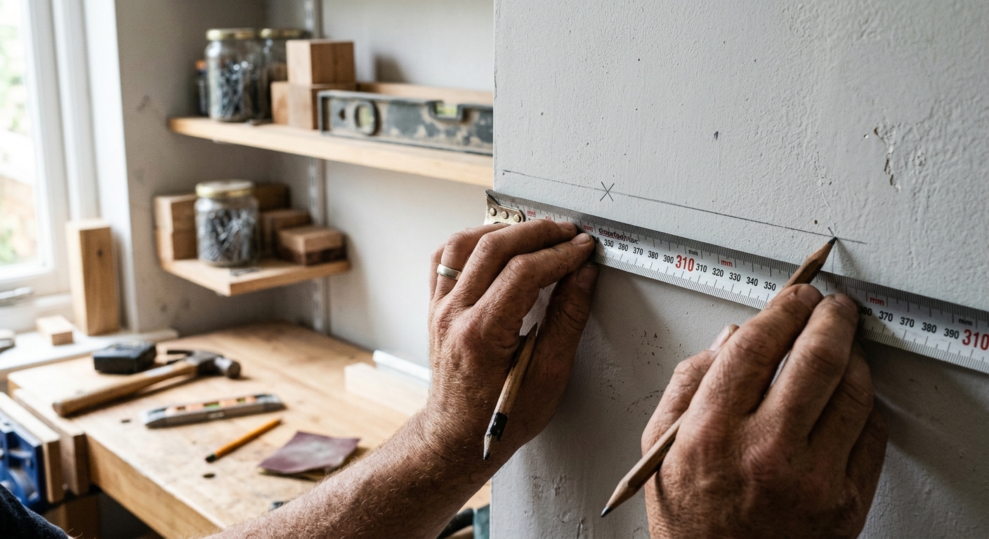 Measuring a wall area for a small shelf layout.