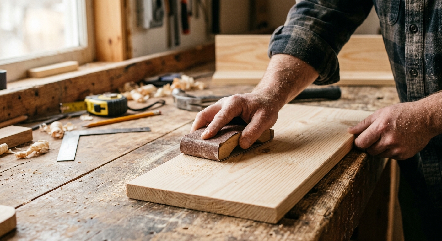 Sanding and checking shelf pieces before assembly.