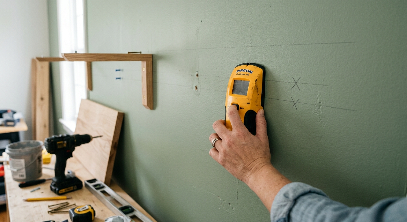 Marking wall studs and anchor points for mounting.