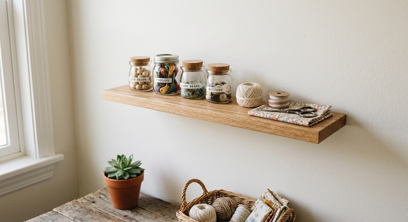 A finished small wall shelf mounted and leveled on the wall.