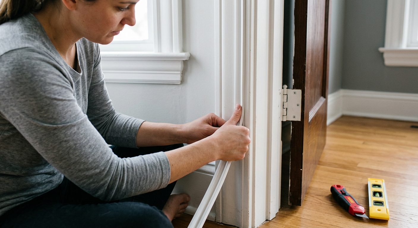 Press V-seal weatherstripping into the door jamb.