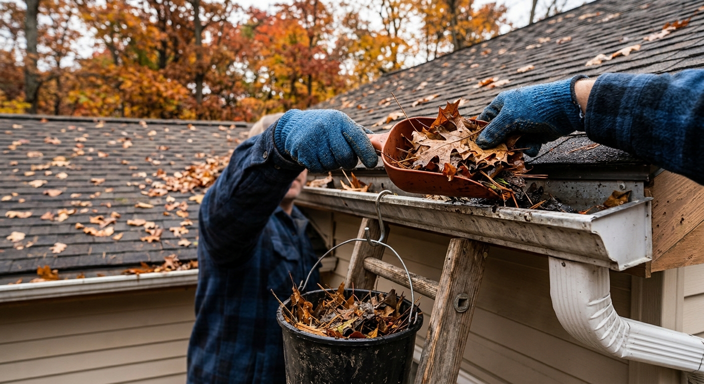 Scooping leaves and debris out of the gutter.