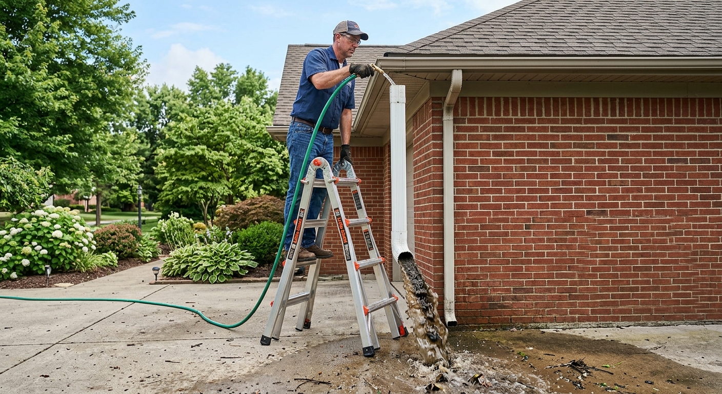 Flushing the downspout to clear hidden clogs.