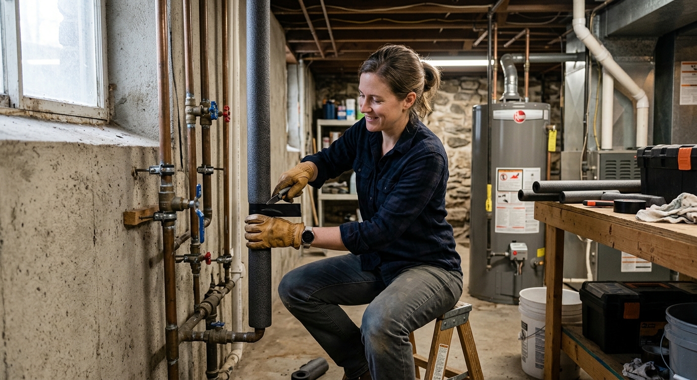 Homeowner insulating an exposed basement pipe