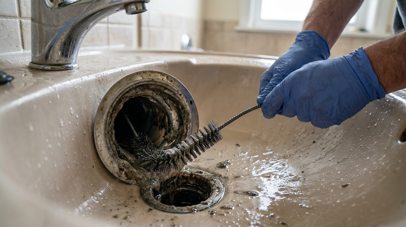 Scrubbing the drain walls to remove slime.