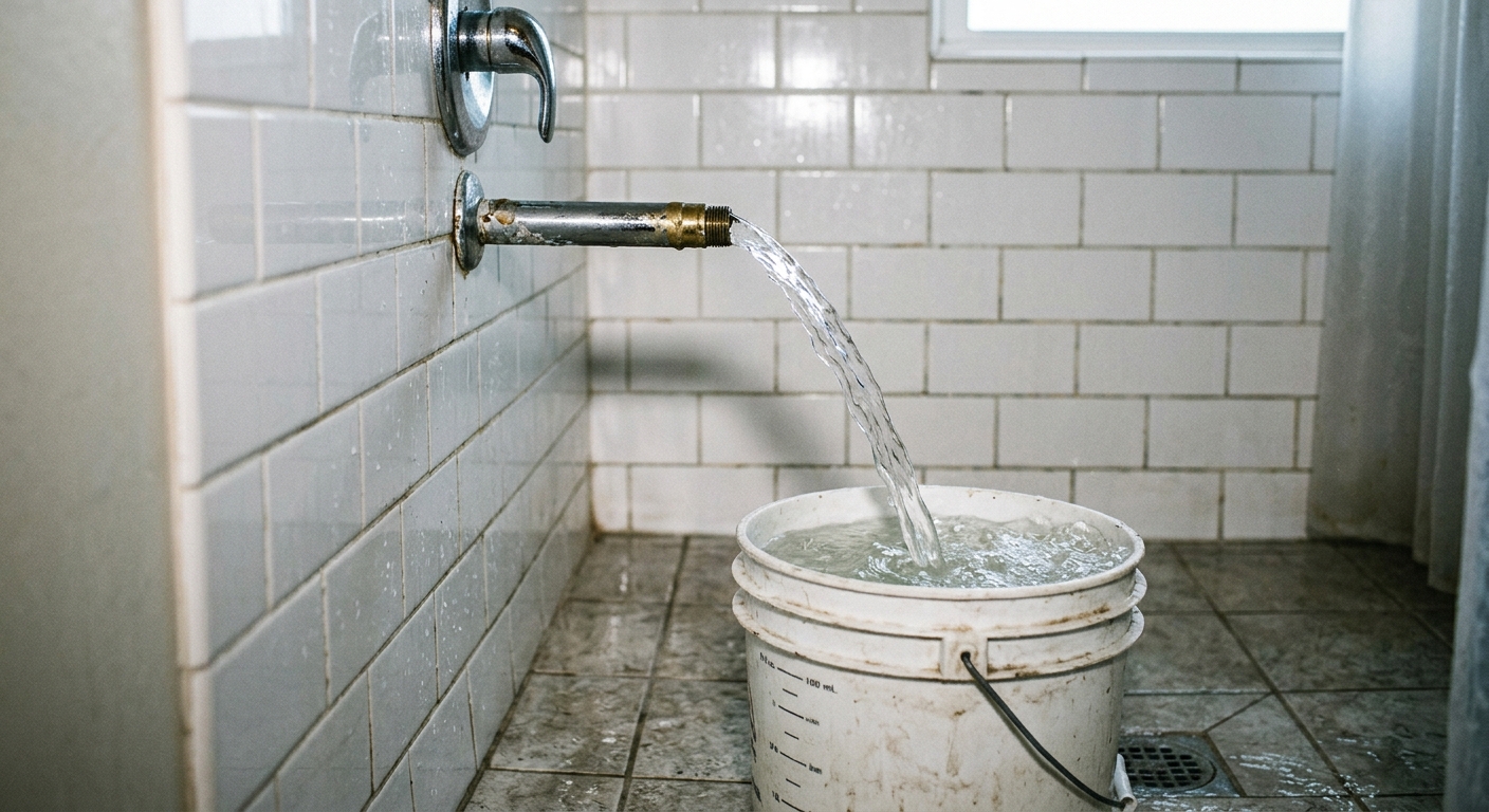 Bare shower arm running water into a bucket for a quick flow test.