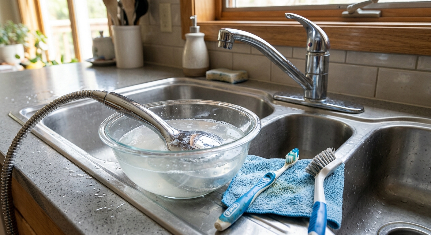 Showerhead soaking in vinegar beside a small cleaning brush.