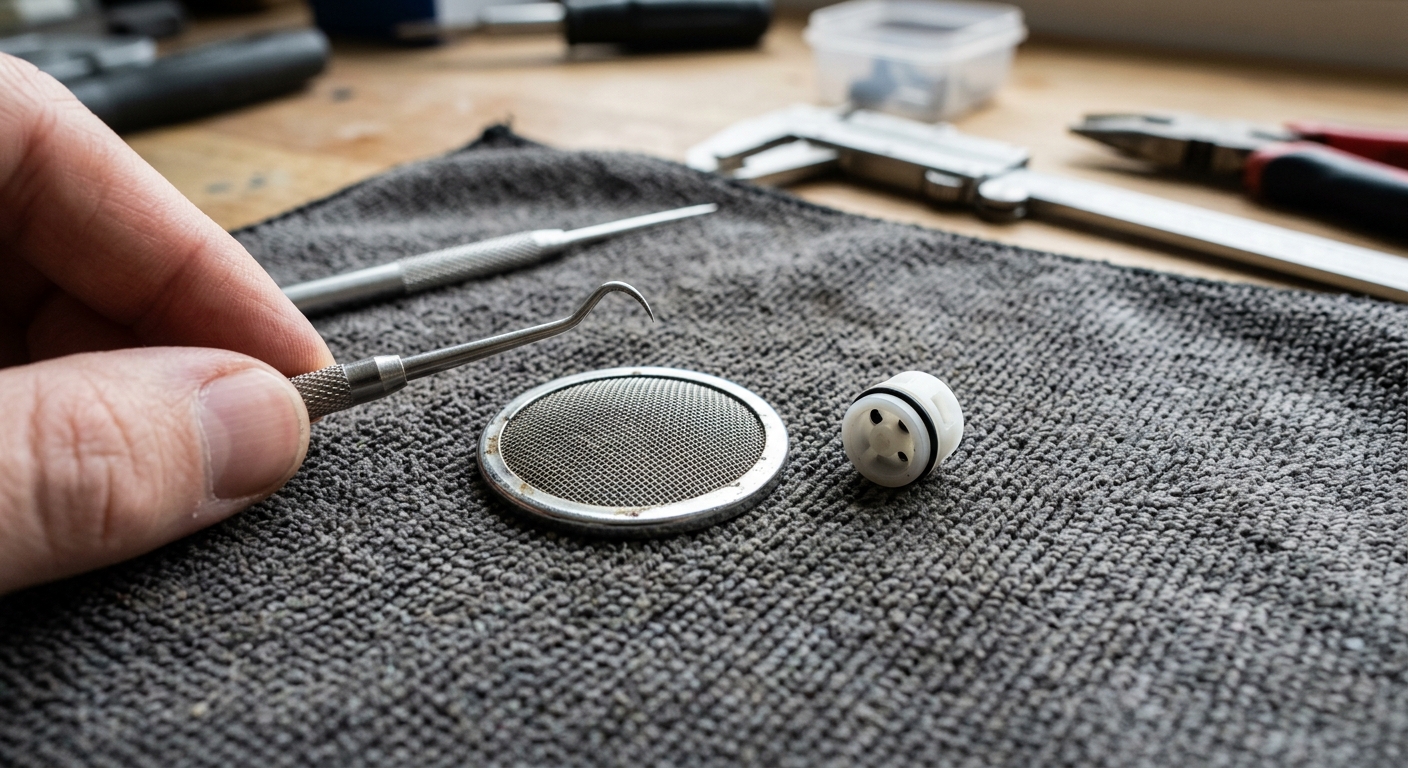 Showerhead inlet screen and restrictor laid out on a work surface.