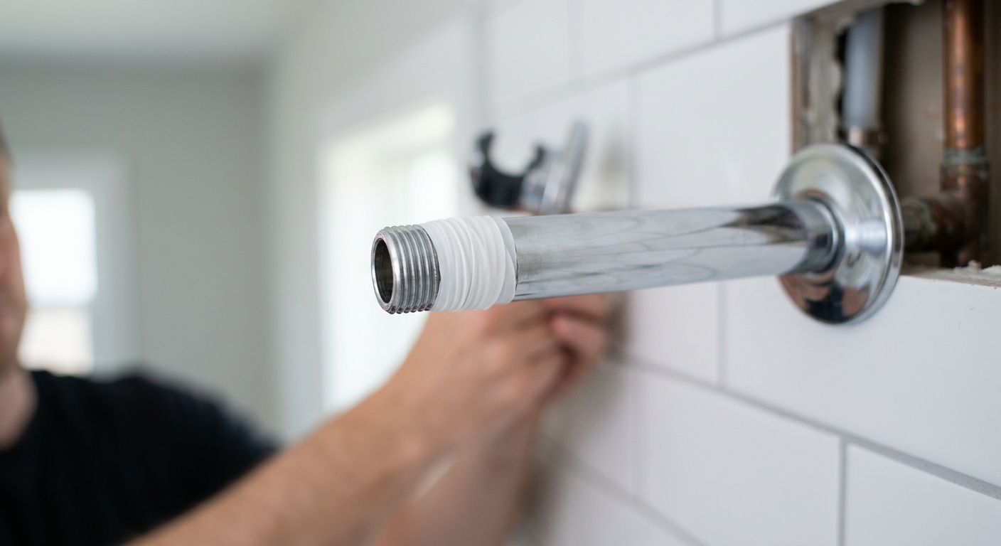 Fresh plumber's tape wrapped around shower arm threads.