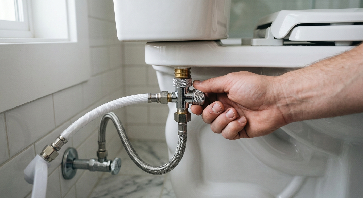 Hand-threading the T-valve onto the toilet tank inlet