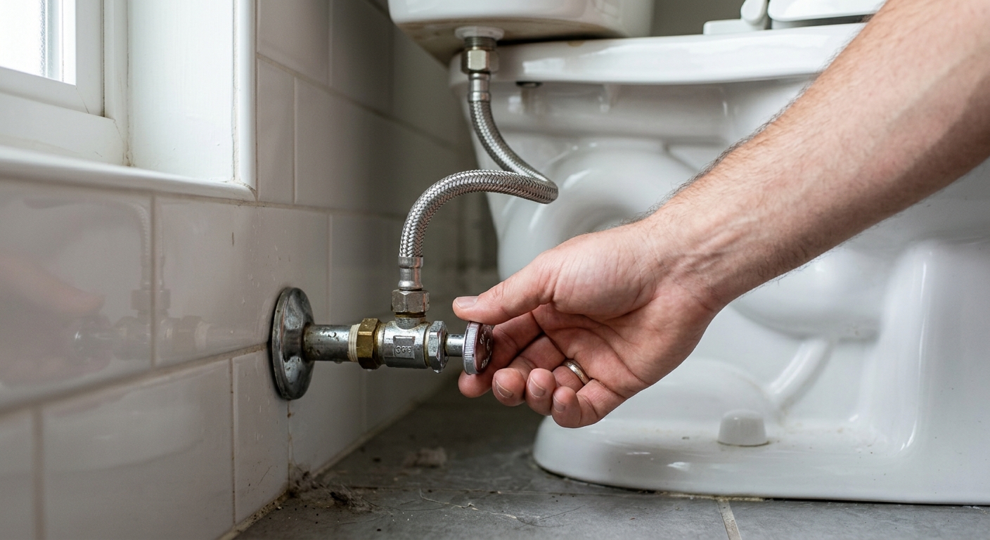 Turning the toilet shutoff valve clockwise to stop the water