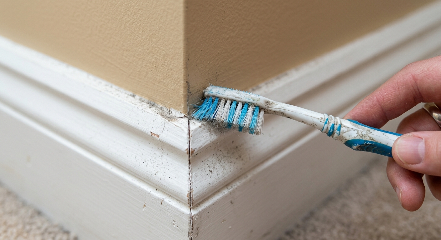 Small brush cleaning grime from the corner seam of the baseboard.