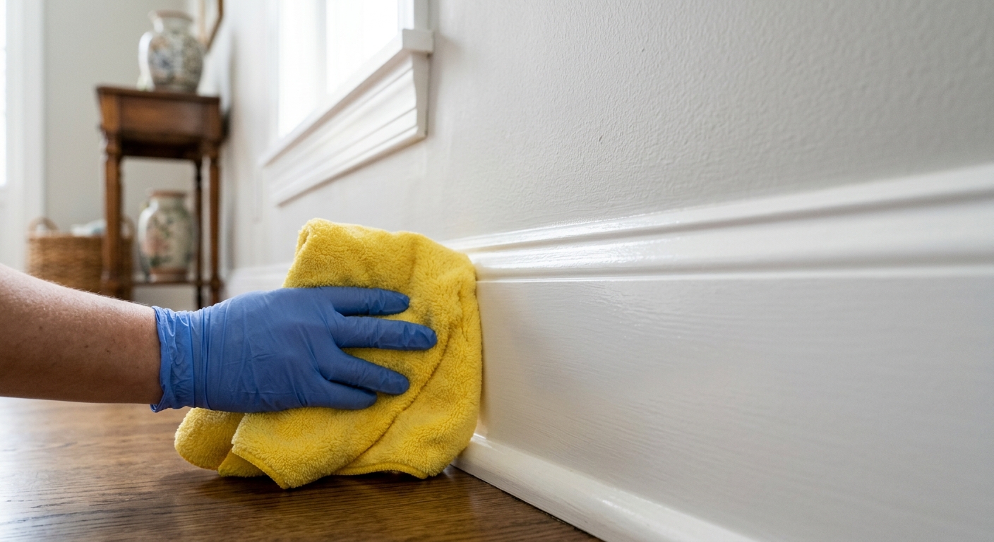 Dry towel buffing moisture off a freshly cleaned baseboard.