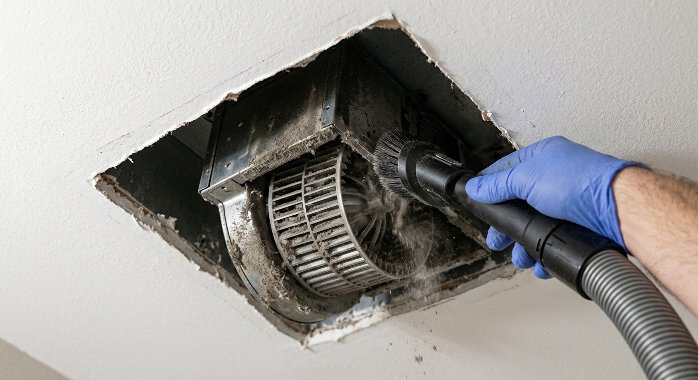 Vacuuming dust from the fan housing and blower wheel