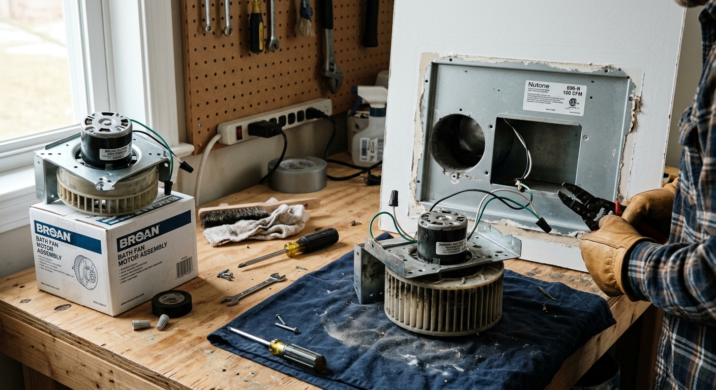 Replacing a worn bathroom fan motor and blower assembly