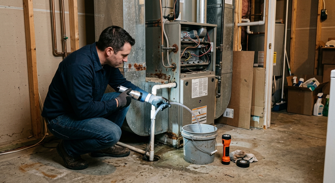 Inspecting the HVAC condensate drain indoors