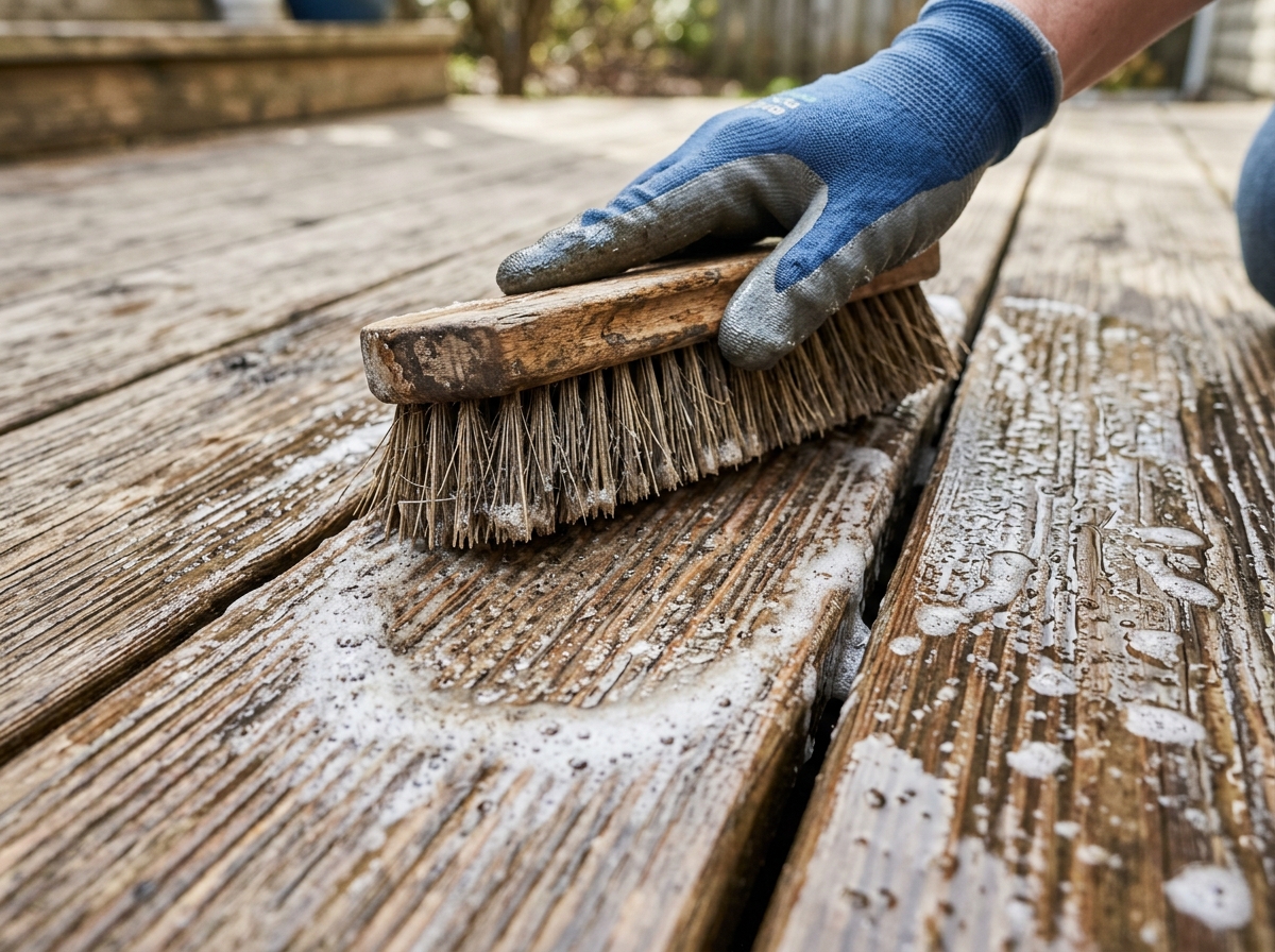 Cleaning deck boards with a brush