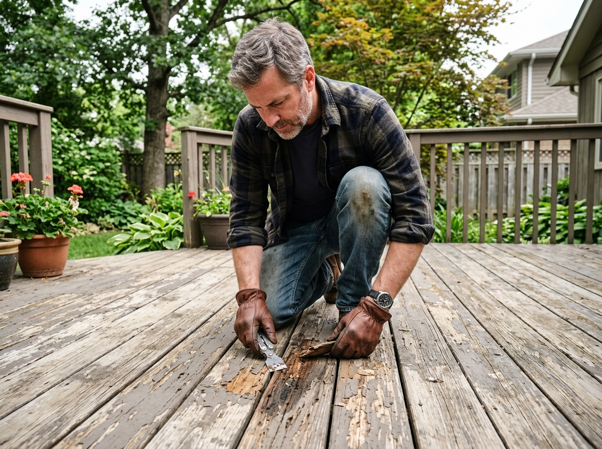 Homeowner checking deck boards before sealing