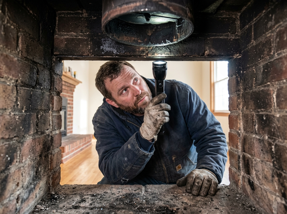 Inspecting the flue opening with a flashlight