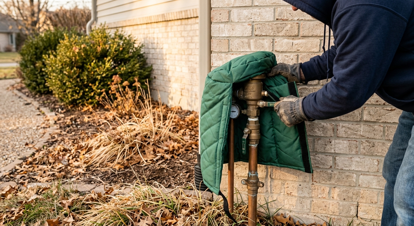 An insulated cover protecting an outdoor backflow preventer.