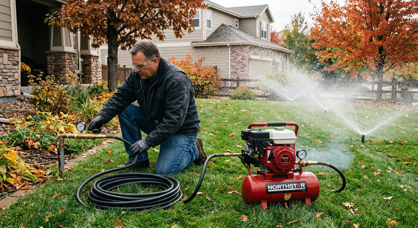 An air compressor connected for a careful sprinkler blowout.
